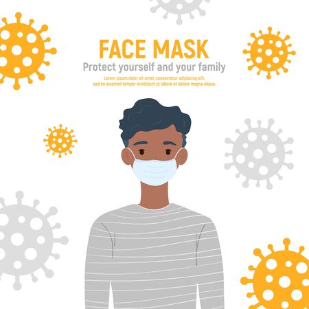 Boy with medical mask on face to protect him against coronavirus covid-19, 2019-nCov isolated on white background. Kids virus protection concept. Stay safe. Vector illustration.のイラスト素材