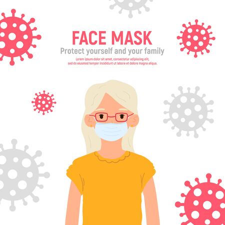 Girl with medical mask on face to protect her against coronavirus covid-19, 2019-nCov isolated on white background. Kids virus protection concept. Stay safe. Vector illustration.のイラスト素材