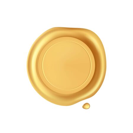 Wax seal. Gold stamp wax seal with drops isolated on white background. Realistic guaranteed golden stamps. Realistic 3d vector icon.のイラスト素材