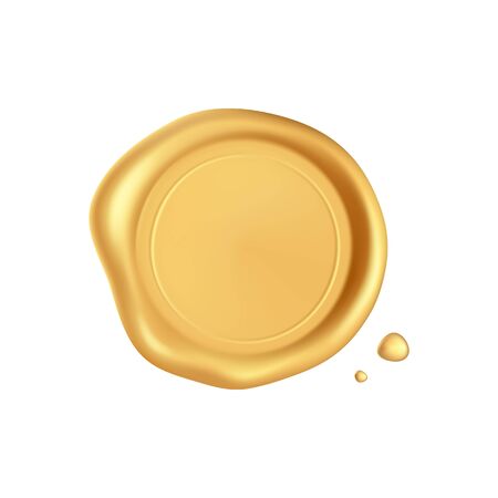 Wax seal. Gold stamp wax seal with drops isolated on white background. Realistic guaranteed golden stamps. Realistic 3d vector icon.のイラスト素材