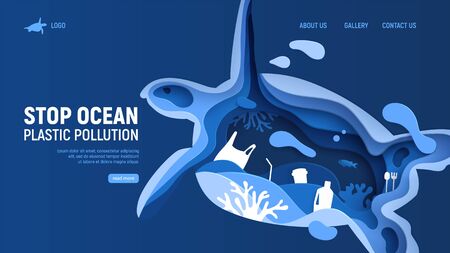 Ocean plastic pollution page template with turtle silhouette. Paper cut tortoise with plastic rubbish, fish, bubbles and coral reefs isolated on classic blue background. Save the ocean vector.のイラスト素材