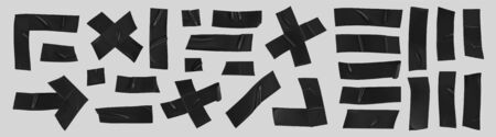 Black duct tape set. Realistic black adhesive tape pieces for fixing isolated on grey background. Scotch arrow, cross, corner and paper glued. Realistic 3d vector illustration.のイラスト素材