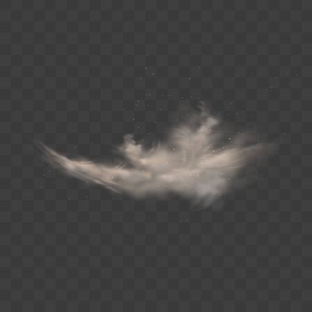 Dusty cloud. Smoke with sand, stones and flying dirty, soil dust particles isolated on transparent background. Air pollution concept. Realistic vector illustrationのイラスト素材