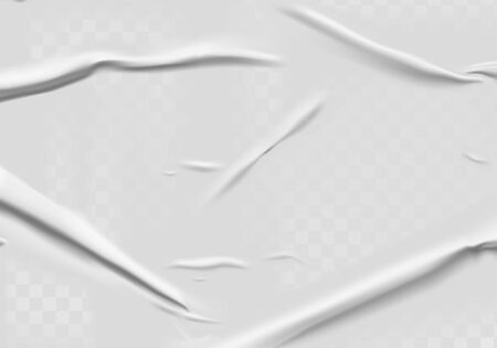 Glued paper with wet transparent wrinkled effect on gray background. White wet paper poster template with crumpled texture. Realistic vector posters mockup.のイラスト素材