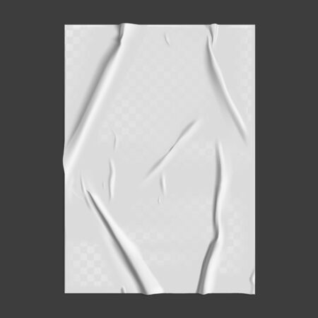 Glued paper with wet transparent wrinkled effect on gray background. White wet paper poster template with crumpled texture. Realistic vector posters mockup.のイラスト素材