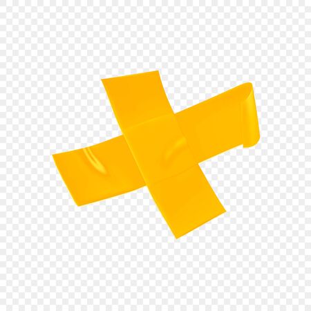 Yellow duct repair tape cross isolated on transparent background. Realistic yellow adhesive tape piece for fixing. Adhesive cross paper glued. Realistic 3d vector illustration.のイラスト素材