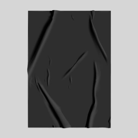 Black glued paper with wet wrinkled effect on gray background. Black wet paper poster template with crumpled texture. Realistic vector posters mockup.のイラスト素材