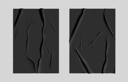 Black glued paper set with wet wrinkled effect on gray background. Black wet paper poster template set with crumpled texture. Realistic vector posters mockup.のイラスト素材