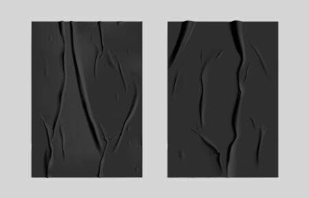 Black glued paper set with wet wrinkled effect on gray background. Black wet paper poster template set with crumpled texture. Realistic vector posters mockup.のイラスト素材