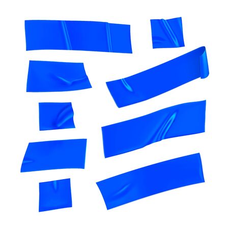 Blue duct tape set. Realistic blue adhesive tape pieces for fixing isolated on white background. Paper glued. Realistic 3d vector illustration.のイラスト素材