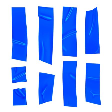 Blue duct tape set. Realistic blue adhesive tape pieces for fixing isolated on white background. Paper glued. Realistic 3d vector illustration.のイラスト素材