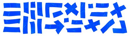 Blue duct repair tape set isolated on white background. Realistic blue adhesive tape pieces for fixing. Adhesive arrow, cross, corner and paper glued. Realistic 3d vector illustration.のイラスト素材