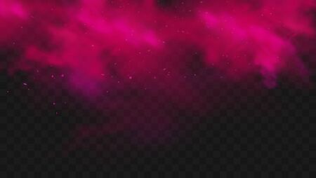Red smoke or fog color isolated on transparent dark background. Abstract red powder explosion with particles. Colorful dust cloud explode, paint holi, mist smog effect. Realistic vector illustrationのイラスト素材