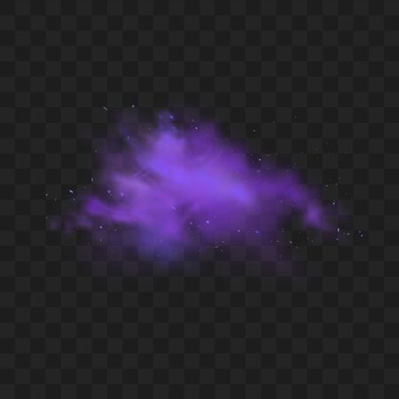 Purple smoke isolated on transparent dark background. Abstract purple powder explosion with particles and glitter. Smoke hookah, poison gas, violet dust, fog effect. Realistic vector illustration.のイラスト素材