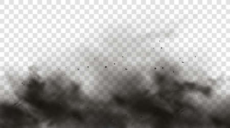 Black smoke or fog isolated on transparent light background. Abstract black powder explosion with particles. Colorful dust cloud explode, paint holi, mist smog effect. Realistic vector illustration.のイラスト素材