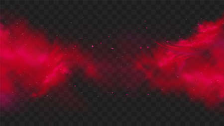 Red smoke or fog color isolated on transparent dark background. Abstract red powder explosion with particles. Colorful dust cloud explode, paint holi, mist smog effect. Realistic vector illustration.のイラスト素材
