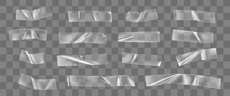 Transparent adhesive plastic tape set isolated on transparent background. Crumpled glue plastic sticky tape for photo and paper fixture. Realistic wrinkled strips isolated 3d vector illustration.のイラスト素材