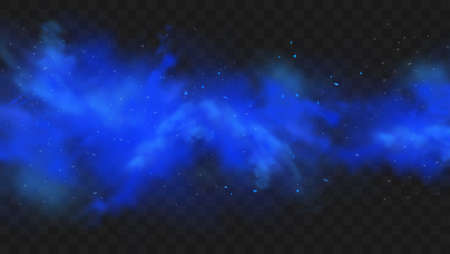 Blue smoke isolated on dark transparent background. Realistic blue magic mist cloud, chemical toxic gas, steam waves. Realistic vector illustration.のイラスト素材