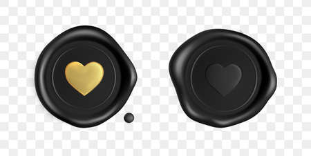 Black wax seal with gold heart. Black stamp wax seal with golden heart silhouette isolated on white background. Stamp for a gift certificate, a wedding invitation card. Realistic 3d vector icon.のイラスト素材