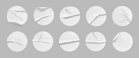 White round crumpled sticker mock up set. Adhesive white paper or plastic sticker label with glued, wrinkled effect on gray background. Blank templates of a label or price tags. 3d realistic vector.のイラスト素材