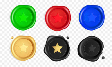 Wax seal set with stars. Green, red, blue, gold, black wax seal stamps with star isolated on white background. Realistic guaranteed stamp. Realistic 3d vector illustration.のイラスト素材