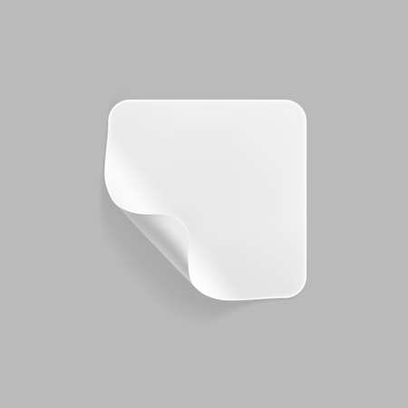 White square glued stickers with curled corners mock up set. Blank white adhesive square paper or plastic sticker label with wrinkled, crumpled effect. Blank template label tags. 3d realistic vector.のイラスト素材