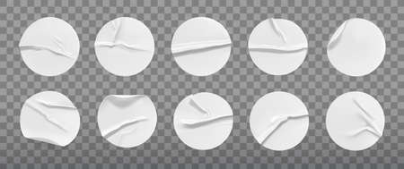 White round crumpled sticker mock up set. Adhesive white paper or plastic sticker label with glued, wrinkled effect on transparent background. Templates of a label or price tags. 3d realistic vector.のイラスト素材