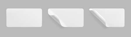 White glued rectangle stickers with curled corners mock up set. Blank white adhesive paper or plastic sticker label with wrinkled and creased effect. Template label tags close up. 3d realistic vector.のイラスト素材