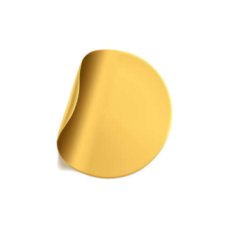 Gold round crumpled sticker with peeling corner mock up set. Adhesive golden foil or plastic sticker label with wrinkled effect on white background. Blank template label tag. 3d realistic vector.のイラスト素材