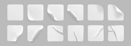 White square glued stickers with curled corners mock up set. Blank white adhesive square paper or plastic sticker label with wrinkled, crumpled effect. Blank template label tags. 3d realistic vector.のイラスト素材