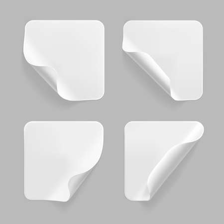 White square glued stickers with curled corners mock up set. Blank white adhesive square paper or plastic sticker label with wrinkled, crumpled effect. Blank template label tags. 3d realistic vector.のイラスト素材