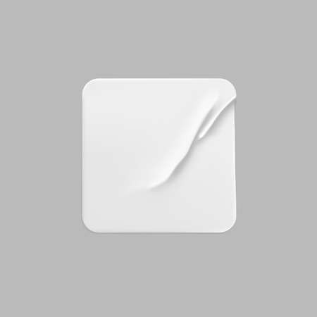 White square glued sticker mock up. Blank white adhesive square paper or plastic sticker label with wrinkled, crumpled effect. Blank template label tags. 3d realistic vector.のイラスト素材