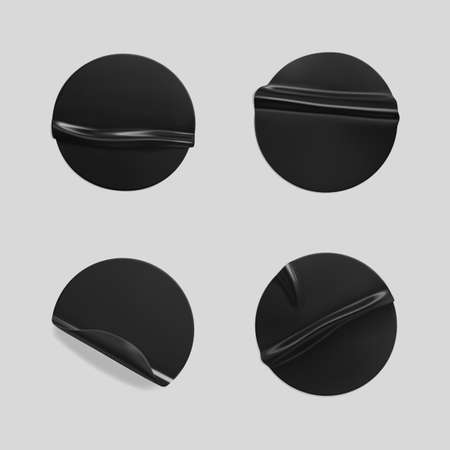 Black glued round crumpled sticker mockup set. Adhesive clear black paper or plastic stickers label with glued, wrinkled effect on grey background. Templates label or price tags. 3d realistic vector.のイラスト素材