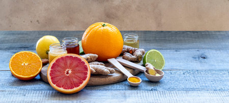 Composition with honey and oranges as natural cold remedies on the old wooden background