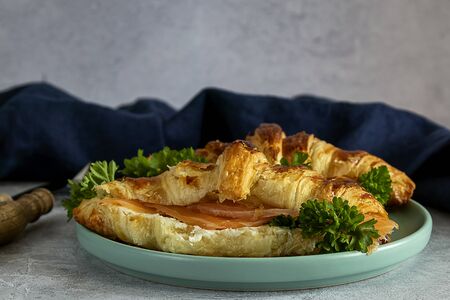 Homemade butter croissants with cream cheese and lox. Perfect breakfast. Close up, copy spaceの写真素材