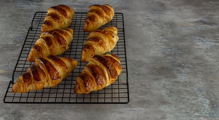 Homemade fresh-baked butter croissants on a cooling rack with copy spaceの写真素材