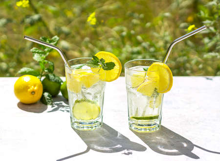 Refreshing drinks for summer, cold lemonade juice with sliced fresh lemons and limes, mint, and ice cubes. Trendy reflections. Blurred background.の写真素材