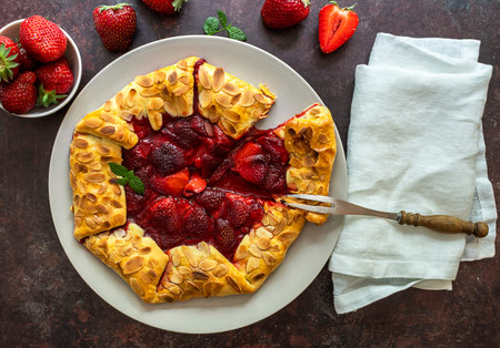 Strawberry galette or open pie tart ready to eat on the plate.の写真素材