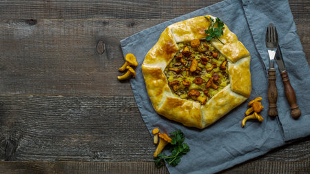 French open pie galette with golden chanterelle mushrooms and potato. Copy space for recipe or text.