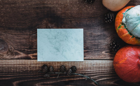 Creative autumn flat lay with pumpkins. Copy space, mockup,