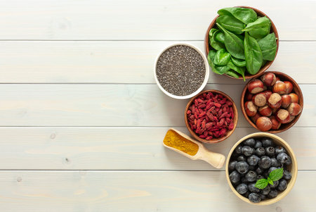 Healthy diet food, clean eating concept on wooden backgroundの写真素材