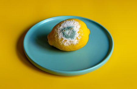 Spoiled rotten yellow lemon with white blue mold on a plate. It can't be eaten. Close-up. Trend ugly...