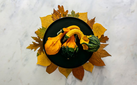 Autumn and Thanksgiving day platter setting with fallen leaves and decorative pumpkins on the light...