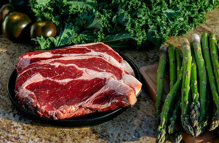 Raw meat, beef steak on black plate with kale, asparagus, broccolini, and tomatoes in the background. Marble table, prepare to cook dinner.の写真素材