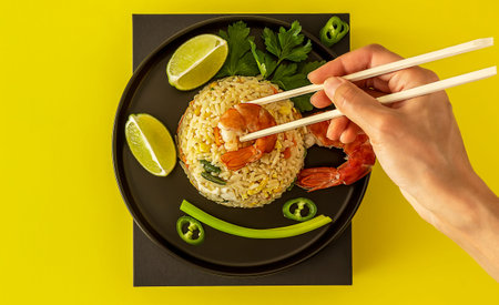 Hand with chopsticks eating Thailand Khao Pad Khun or fried rice with shrimp.