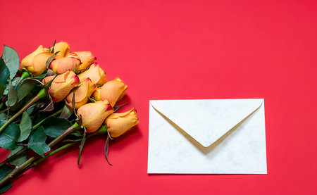 Beautiful yellow roses flowers and empty envelop on red background. Bouquet for Valentine day card or for Mother's day holiday.の写真素材