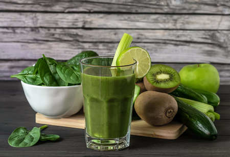 Glass of fresh organic green smoothie with spinach, cucumber, kiwi, celery, and avocado on wooden...