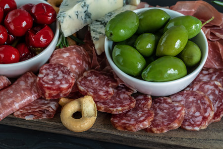 Charcuterie board with italian style cured meat, olives, peppers, crackers, sausage, and ham...