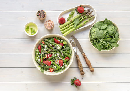 A healthy and delicious salad made from fresh strawberries, green asparagus, feta cheese with vegetable leaves. Vegetarian seasonal food. Detox diet meal.の写真素材