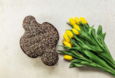 Traditional Italian Easter Cake with chocolate, Colomba di Pasqua or Easter Dove. Delicious sweet bread made with yeast.の写真素材